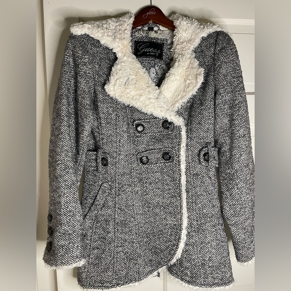 Guess grey tweed jacket with faux fur